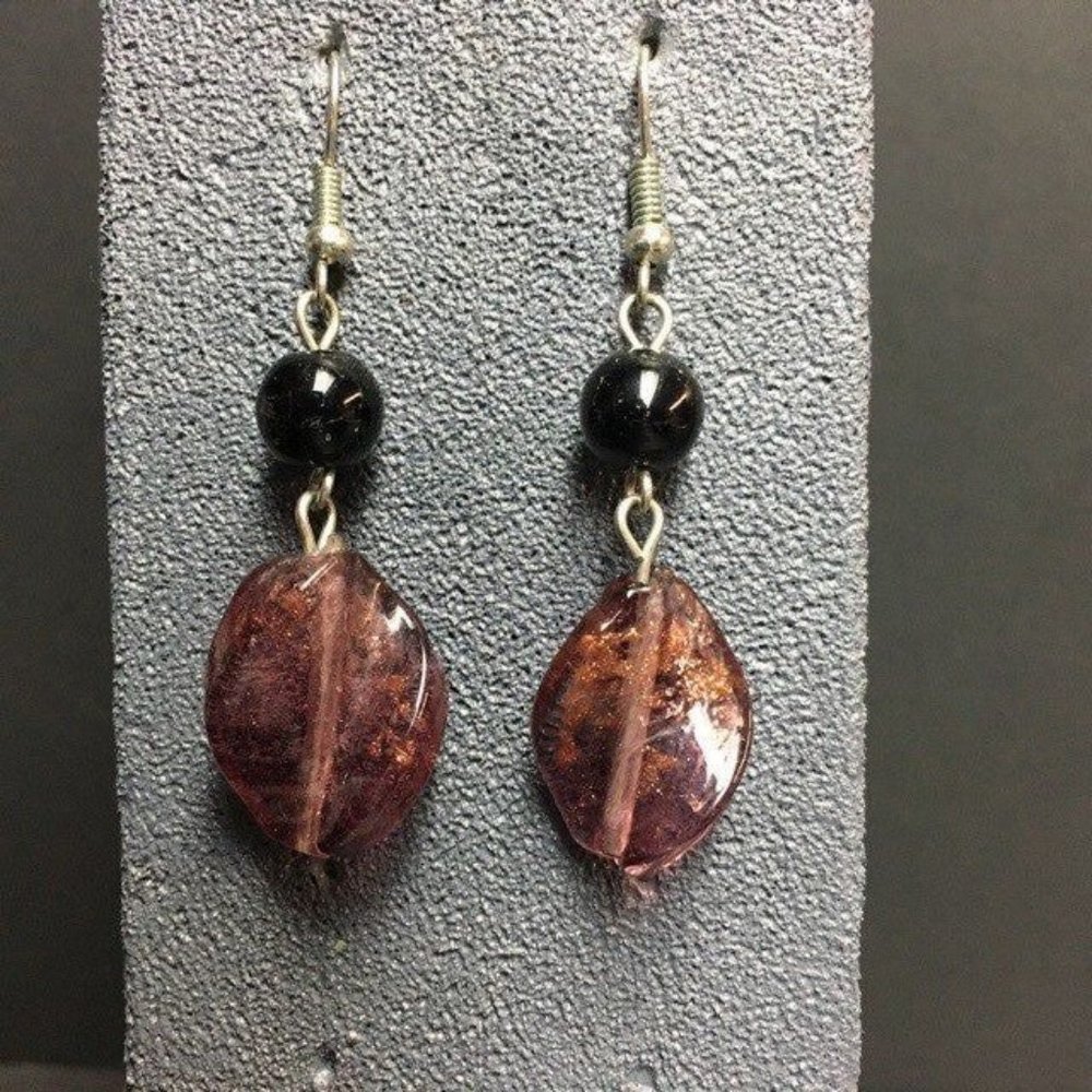 Double Dangle Pierced Earrings Purple Twist Black Round Silver Hook Retro BoHo